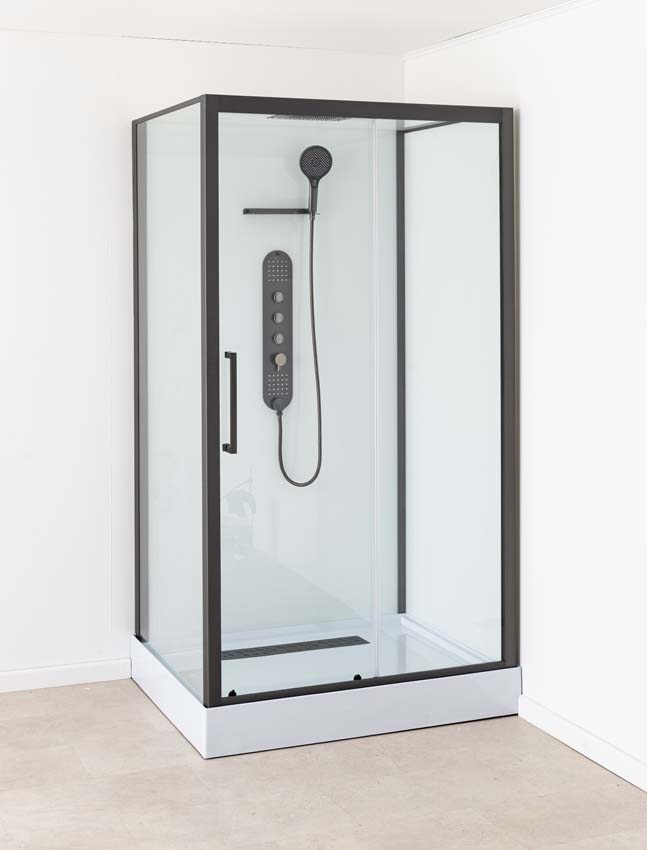 Cabine de douche Amani droite en gunmetal avec porte coulissante 90x115x215cm Cabine de douche Amani droite en gunmetal avec porte coulissante 90x115x215cm
