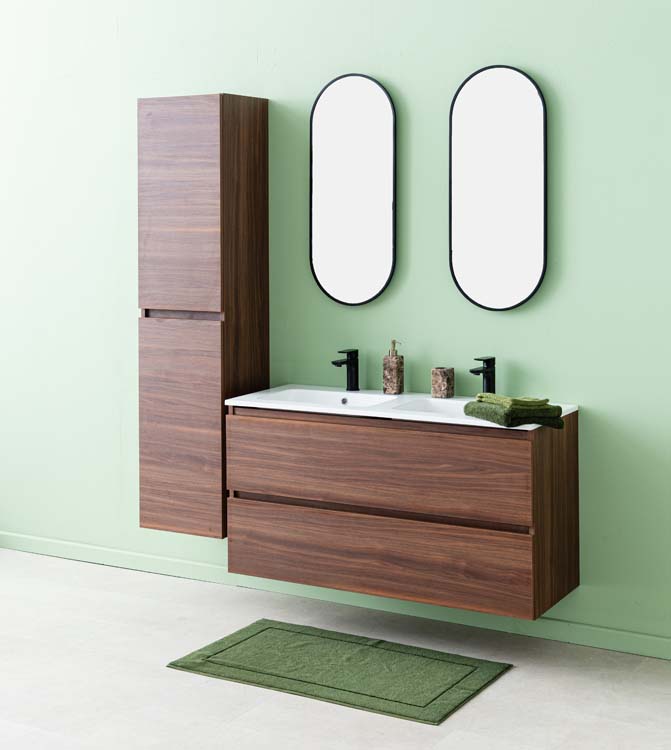 Meuble de salle de bain Dotan noyer 2tiroirs 1200mm lavabo blanc brill Meuble de salle de bain Dotan noyer 2tiroirs 1200mm lavabo blanc brill